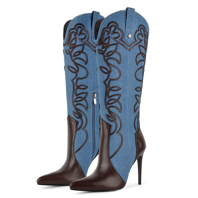 Onlymaker Women Pointed Toe Embroidered  Blue Denim Stiletto Heel Knee High Boots Side Zipper Plus Size Fashion Boots