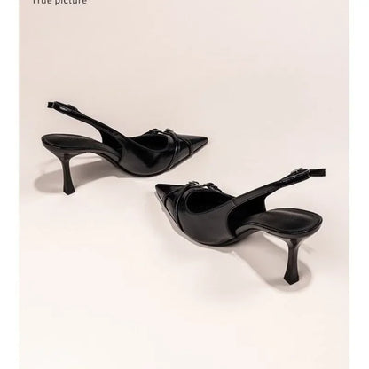 Fashionable Pointed Toe Shallow Mouth New High-heeled Shoes Summer Elegant Buckle Decorated Stiletto Black Women's Shoes NO:602