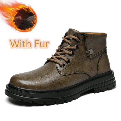 Genuine Leather Mens Motorcycle Boots Handmade Retro Men Ankle Boots Man Winter Plush Snow Botas Outdoor High Top Shoes Sneakers