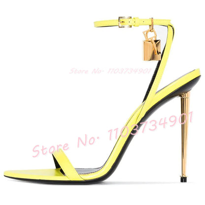 Metal Heel Lock Metallic Leather Sandals Female Luxury Open Toe Stiletto High Heels Shoes Lady Elegant Party Ankle Strap Sandals