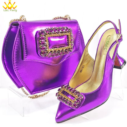 2024 Latest Nigerian Design Italian Women's Comfortable Heels Pointed Toe Sandals Wedding Party Gold Color Shoes and Bags Set