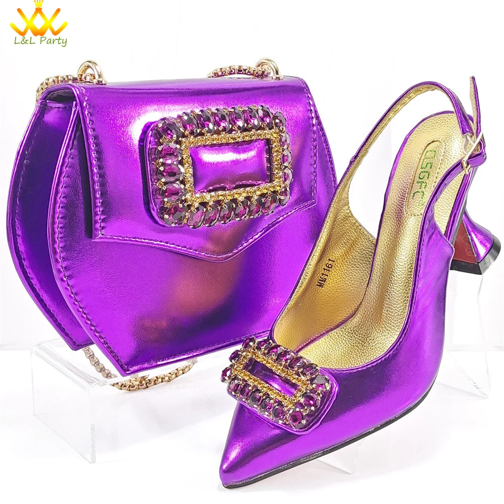 2024 Latest Nigerian Design Italian Women's Comfortable Heels Pointed Toe Sandals Wedding Party Gold Color Shoes and Bags Set