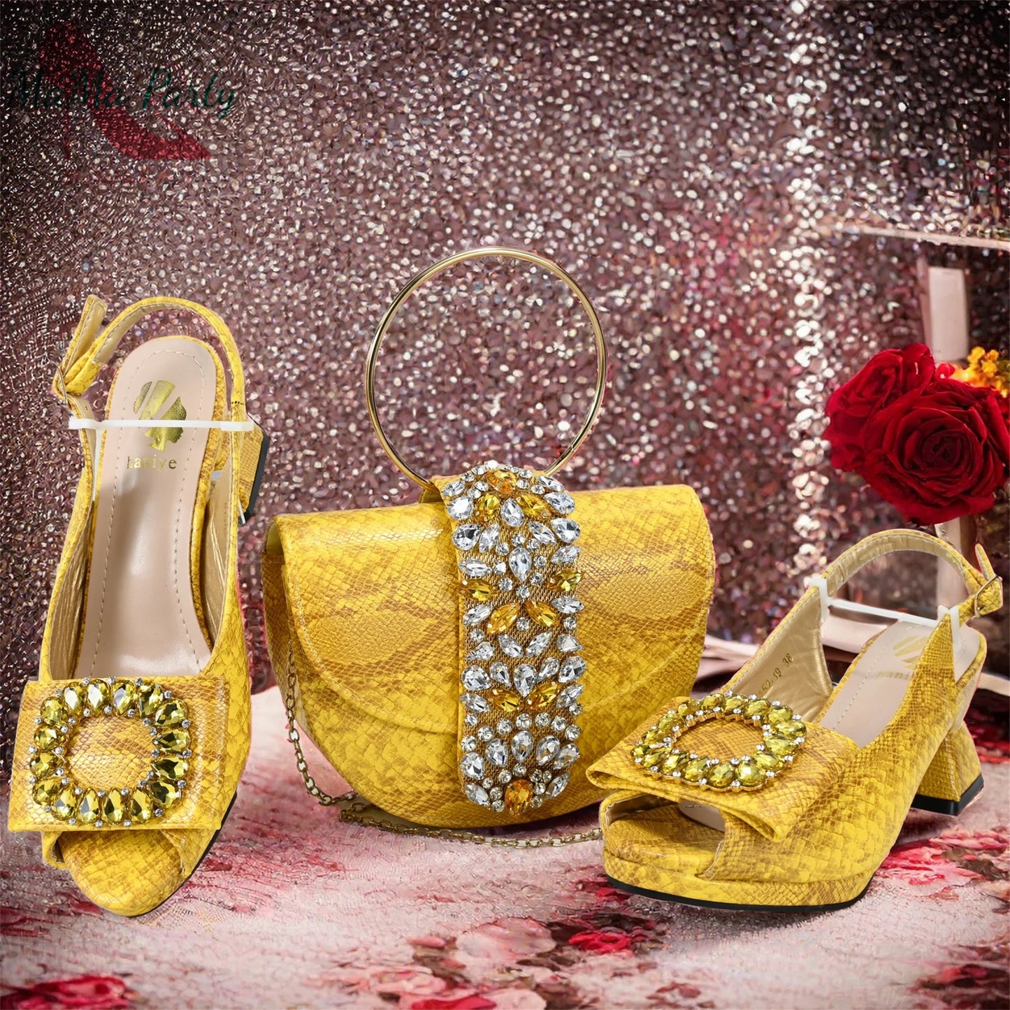 2025 Autumn New Design Specials Italian Women Shoes and Bag Set Pink Color Comfortable Mid Heels With Rhinestone