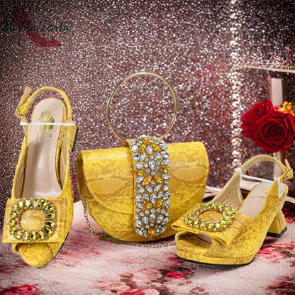 2025 Autumn New Design Specials Italian Women Shoes and Bag Set Pink Color Comfortable Mid Heels With Rhinestone
