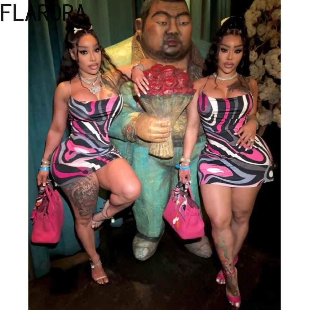 FLARORA Sexy Stripe Print Halter Mini Dress Woman Sleeveless Backless Bodycon Dresses Female Party Clubwear Vestidos Summer New