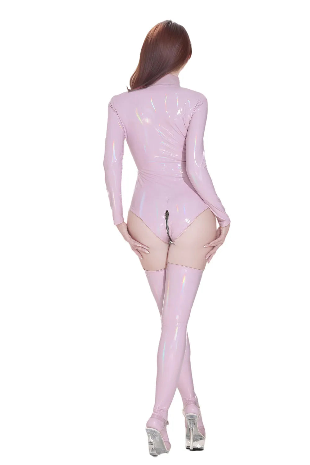 Sexy Women PVC Glossy Shiny High Cut Bodysuit Bandage Leotard Dance Wear Long Sleeve PU Latex Cosplay Maid Tight Catsuit