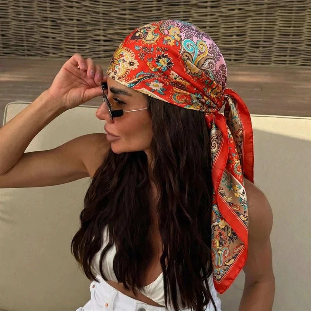 90cm Square Silk Scarf Women Luxury Brand Satin Print Hijab Scarves Muslim Pareo Bandana Female Shawl Wrap Headband Foulard New