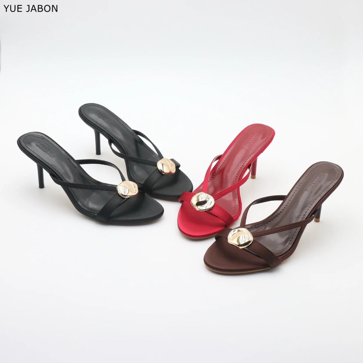 Red Satin Sexy Thin Heel Slippers Women Metal Buckle Open Toe Slides Ladies Concise Black Luxury Brand High Heels Dress Shoes