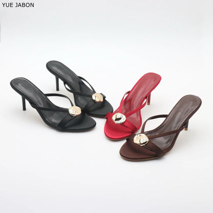 Red Satin Sexy Thin Heel Slippers Women Metal Buckle Open Toe Slides Ladies Concise Black Luxury Brand High Heels Dress Shoes