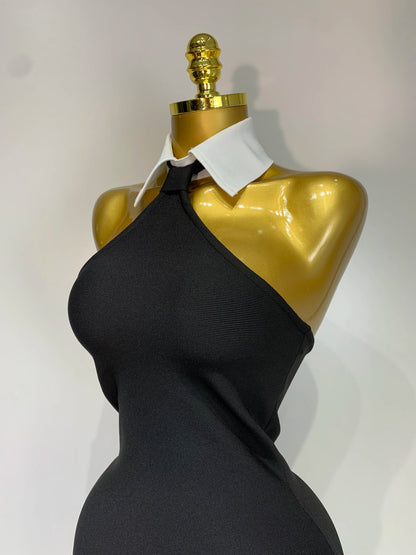 Women Sexy Backless White Shirt Collar Black Mini Bodycon Bandage Dress 2025 Elegant Evening Club Party Luxury Birthday Dresses