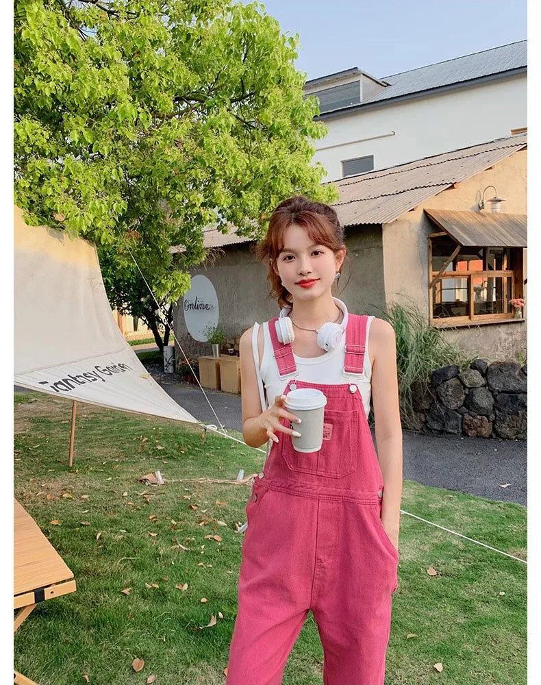 Vintage Pink Denim Overalls Adjustable Strap Wide Leg Jumpsuit Y2K Cute Campus Casual Pants