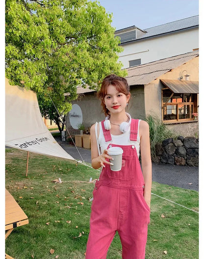 Vintage Pink Denim Overalls Adjustable Strap Wide Leg Jumpsuit Y2K Cute Campus Casual Pants