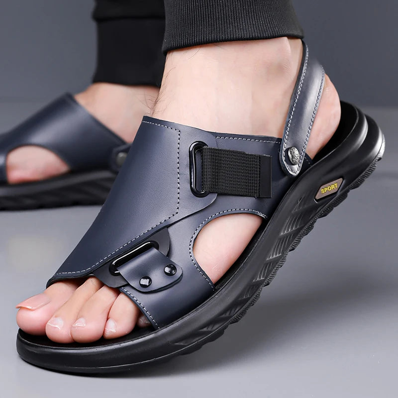 2026New Summer Mens Summer Outdoor Sandals 2-in-1 Beach Walking Shoe Genuine Leather Business Driving Shoe Flat Designer Sandals