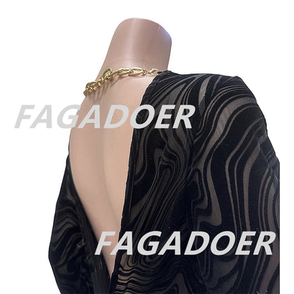 FAGADOER Spring New Sexy Jumpsuit Women Black Printing Mesh Backless Bodycon Rompers Fashion Female Streetwear Overalls 2025