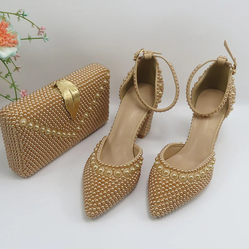 Champagne Pearl Wedding Bridal Shoes Woman Fashion Thin Heel Party Dress Shoe Lace-up Pointed Toe High Handmade Ankle Strap Shoe