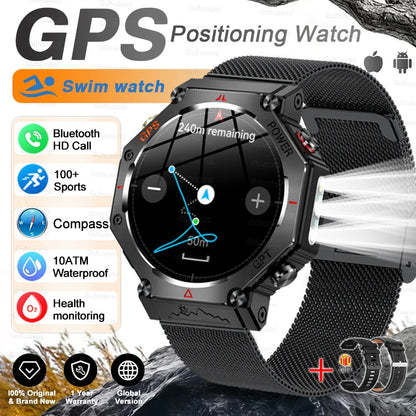 New Military Real GPS Smart Watch Men 10ATM IP69K Waterproof Swim Sports Watches Flashlight Bluetooth Call AMOLED HD Smartwatch