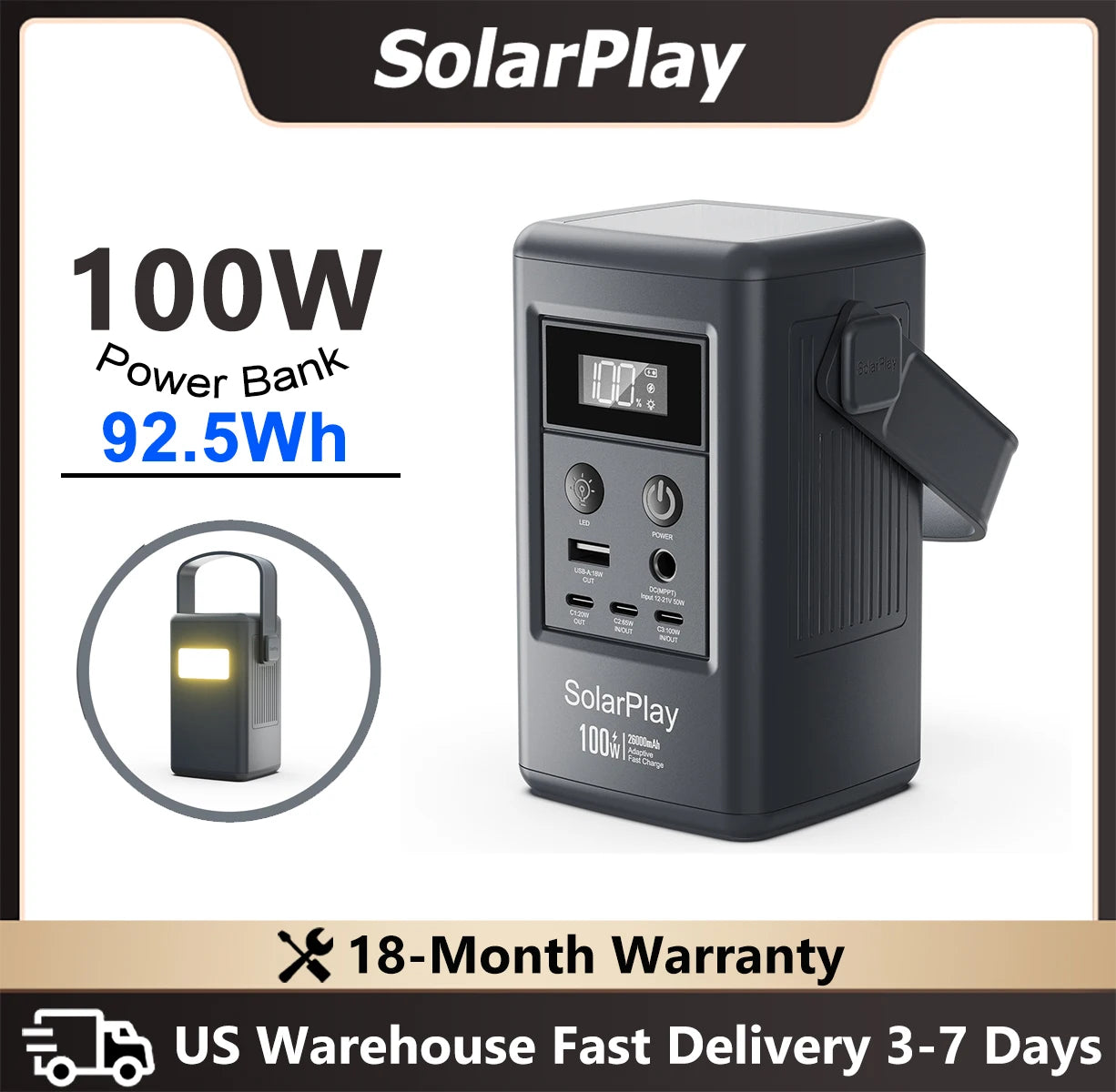 SolarPlay Q100 Power Bank 25000mAh Portable Power Station For Outdoor Battery Emergency Power Camping Solar Generator