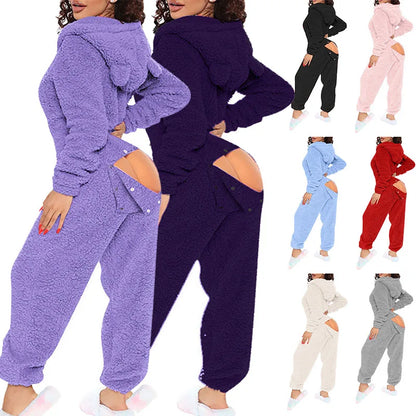 Sexy Cute Plush Autumn Winter Long Sleeve Hooded Romper Back Butt Bum Open Ass Flap Plush Jumpsuit Women Thick Sleepwear
