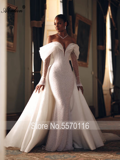 Alonlivn Custom Made Shiny Beading Pearls Mermaid Wedding Dresses Off-the-Shoulder Sleeves Removable Train 2 In 1 Bride Gowns