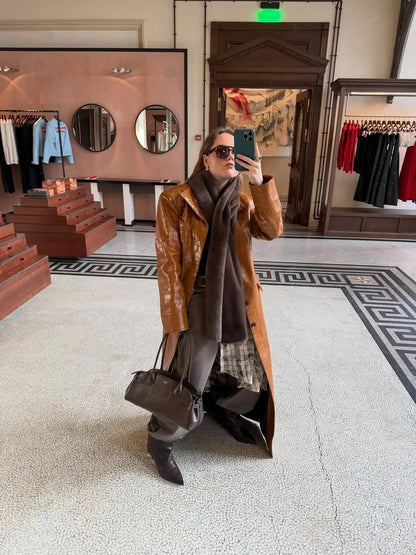 Women Brown Croc Embossed Faux Leather Maxi Trench Coat Lapel Single Breasted Straight Long Front Pockets Vintage Autumn Winter