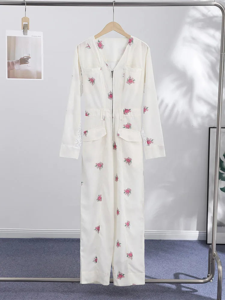Elegant Print Women Jumpsuits Fashion Long Sleeve V-neck Zippers Female Overalls 2026 Summer Autumn All-match Lady Outfit New
