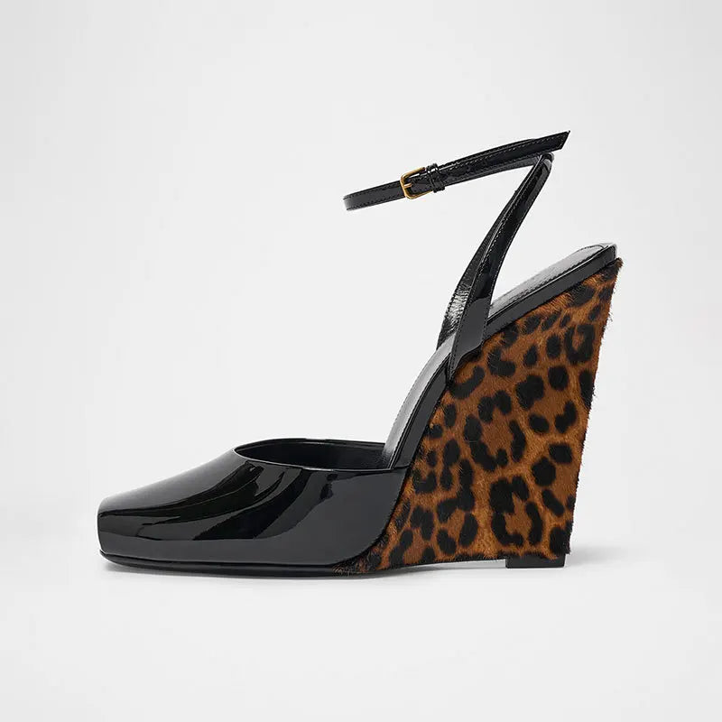Ankle Strap Patent Leather Peep Toe Summer Women Sandals Wedges High Heel Buckle Strap Design Large Size Fashion Show Shoes