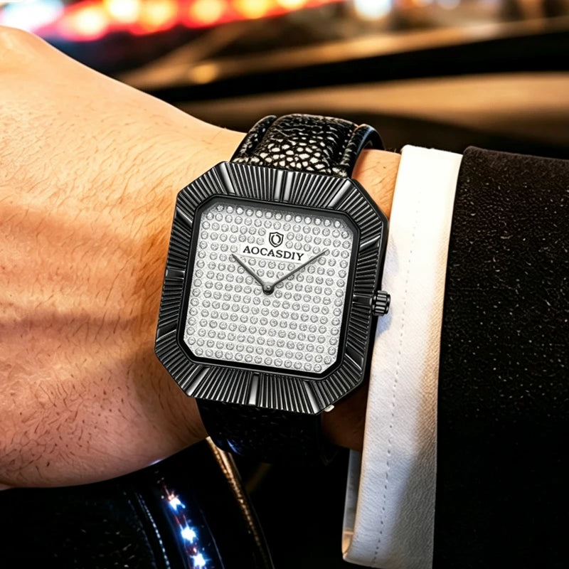 Men's Watch Gold Starry Sky with Diamonds Square Fashion Quartz Watch Waterproof Men's Watch High end Watch