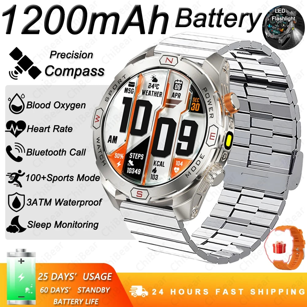 ChiBear Genuine Military Smart Watch Men: 1200 mAh Battery Compass GPS Sports Outdoor Watch Bluetooth Call Smartwatch 2026 New