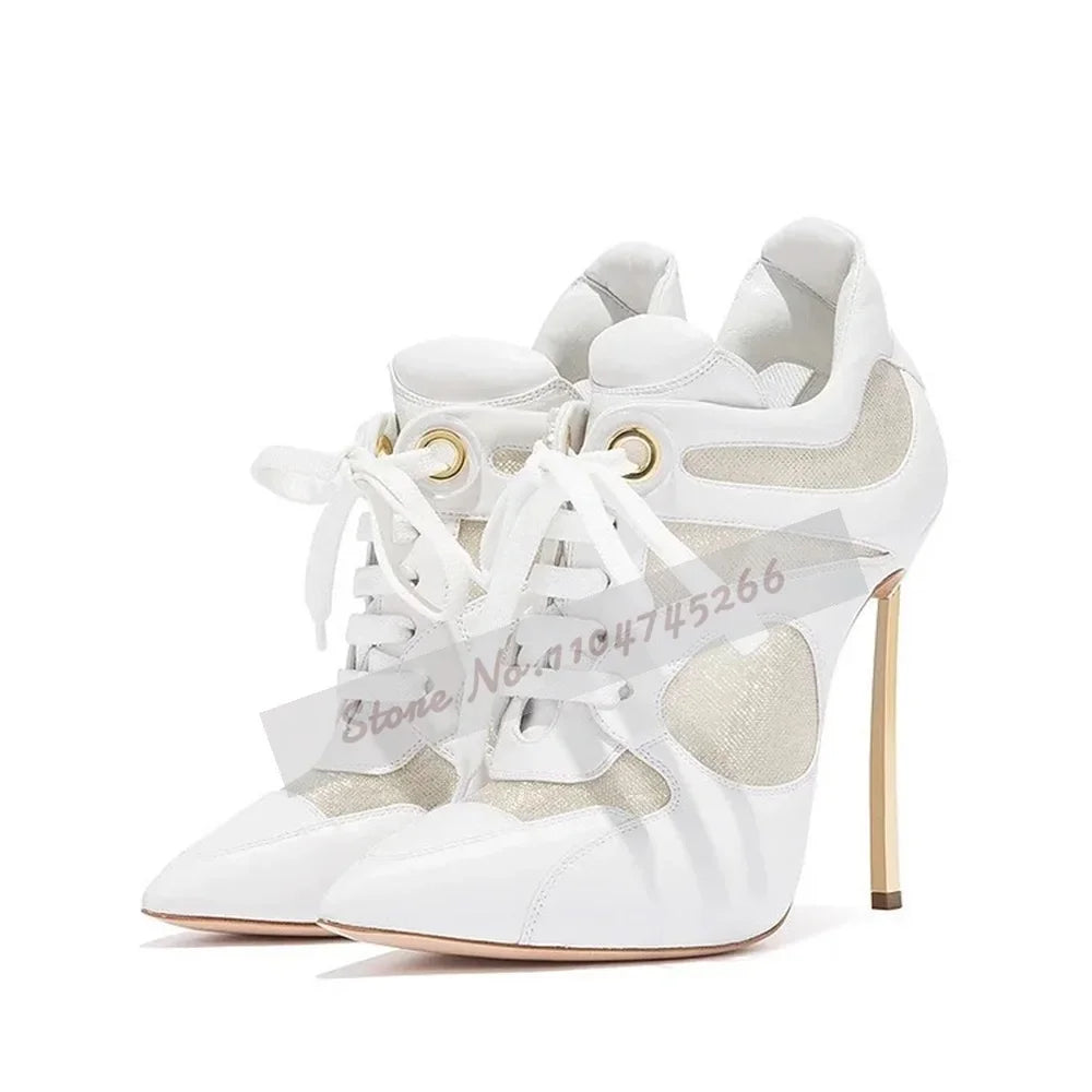 Women Golden Blade Heel Lace-Up Dress Pumps White Matte Leather Air Mesh Patchwork Banquet Shoes Network Ring Buckle Footwear