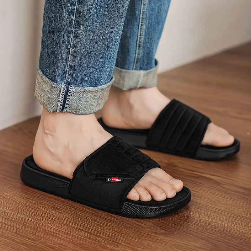 Fashion Men's Slippers Suede Cloth Non-Slip Casual Sandals Platform Soft Home Shoes Indoor Slides Outdoor Beach Shoes Flip-flop