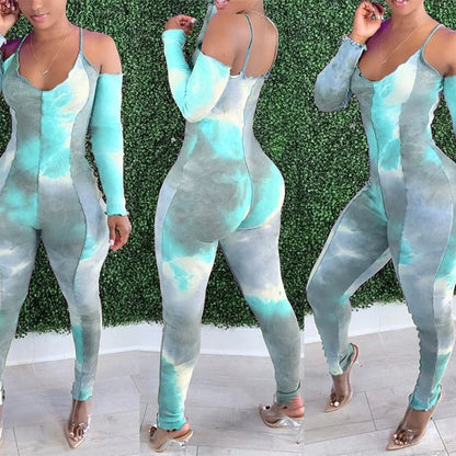 Foreign trade tie-dye print deep V-neck sexy camisole long-sleeved jumpsuit for women