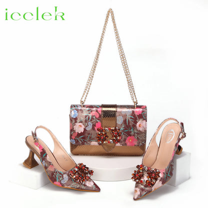 Newest Green Color Print Design High Heels Decorated with Water Rhinestone Party Women's Shoes and Bags Set