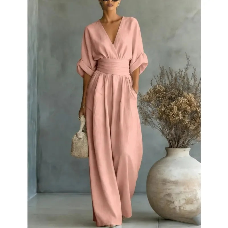 Summer Sexy Deep V-neck Short Sleeve Jumpsuits Elegant Women Solid High Waist Rompers Casual Sleeveless Wide Leg Pants Jumpsuit