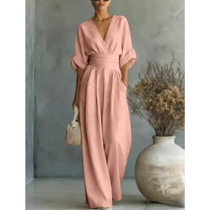 Summer Sexy Deep V-neck Short Sleeve Jumpsuits Elegant Women Solid High Waist Rompers Casual Sleeveless Wide Leg Pants Jumpsuit