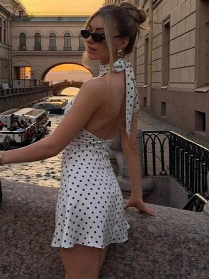 Polka Dots Halter Mini Dress Elegant Backless Sleeveless Cinched Waist Short Dresses Lace Up Skirts 2026 NEW Summer Lady Dresses