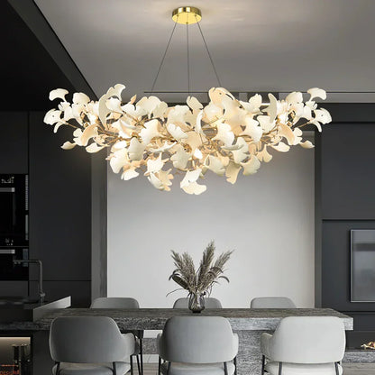 Modern Ceramics White Long Ginkgo Leaf LED Pendant Light Decoration Villa Living Room Ceiling Chandelier Indoor Hanging Lights