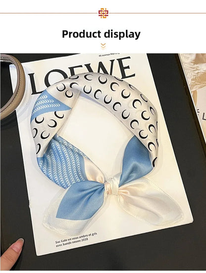 100% Natural Mulberry Silk Square Scarf 53x53cm Blue White Moon Print Women Neck Scarf Headband Bag Scarf Elegant Gift