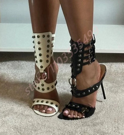 Metal Rivet Open Toe Roman Sandals 2025 Summer New Sexy Catwalk Stiletto Ladies Sandal Ins Style Street Fashion Party Stage Pump