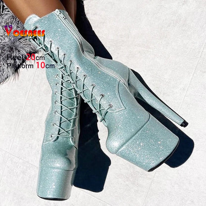 20CM/8Inch Bling Pole Dance Boots Woman Glossy Patent leather Red lace-up Nightclub Shoes Extreme high heel Platform Short Boots