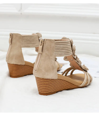 High quality leather flat sandals for women 5cm mid heel flower summer 2026 36 42 open toe vintage beach shoe black pink beige