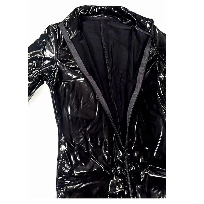Sexy Black Latex Jumpsuit High Neck Long Sleeve Shiny Fitted Bodycon Catsuit With Front And Back Invisible Zipper Party Clubwear