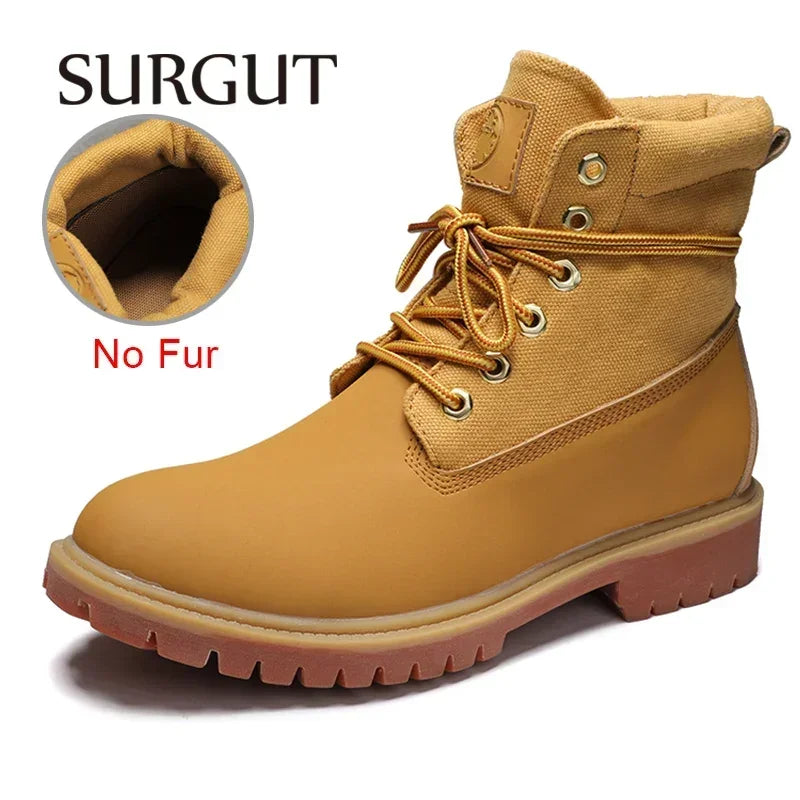 SURGUT Leather Men Boots Comfortable Autumn Winter Plush Keep Warm Shoes Fashion Trends Style Working Boots
