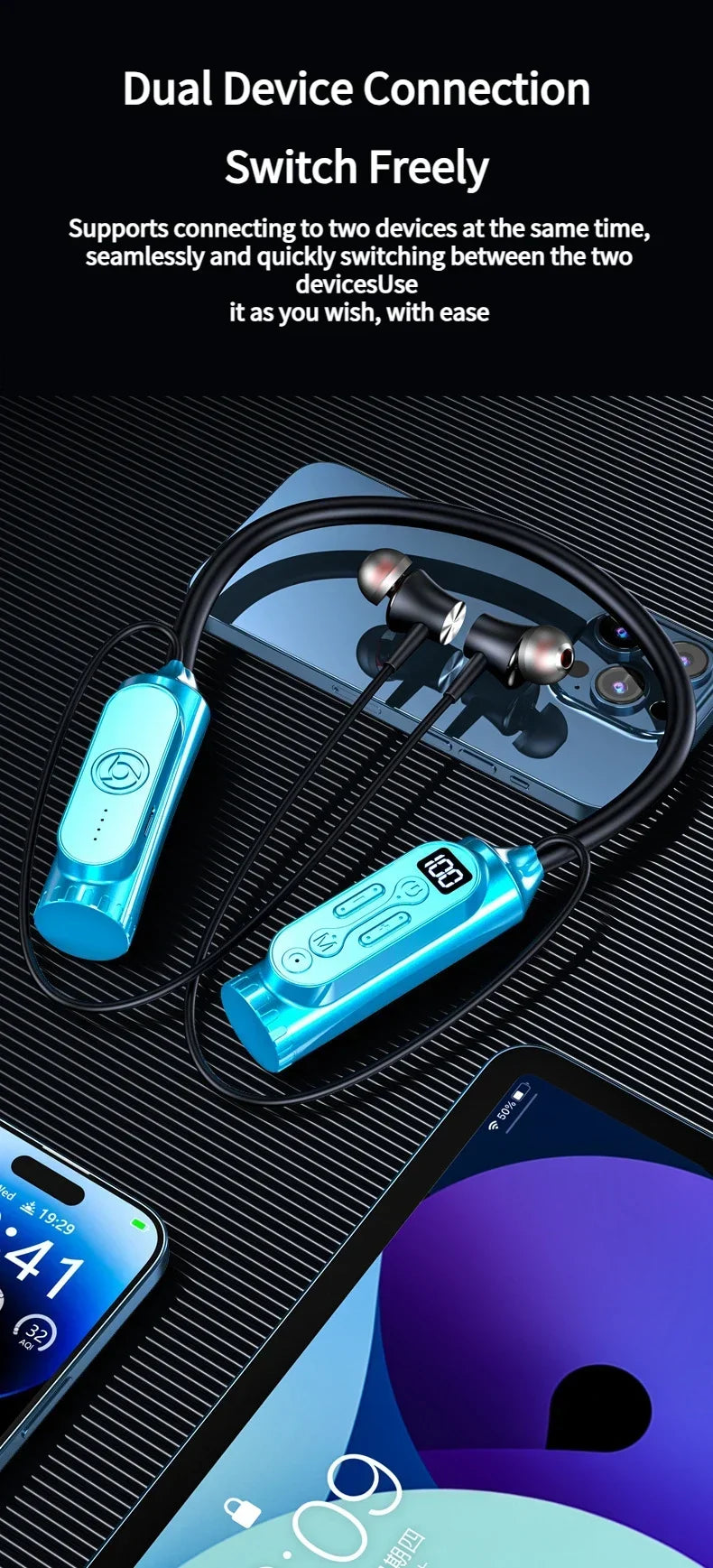 Earphones 12000mAh In-ear/Semi-in-ear Bluetooth Headset Magnetic Switch Pause Play Neck Hanging Dual Device Connection Earbuds