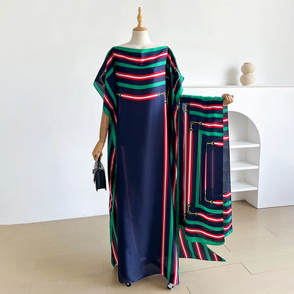 Fashion Summer Kaftan Dress for Women with Big Scarf Loose Abaya Muslim Casual Print Shawl Robe African Style Dubai Turkey