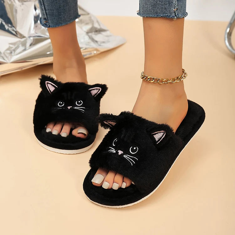 Casual Fluffy Slippers Women Home Flat Cat Cartoon Luxury Designer Shoes Girls Autumn Elegant Indoor Fashion Footwear Large Size