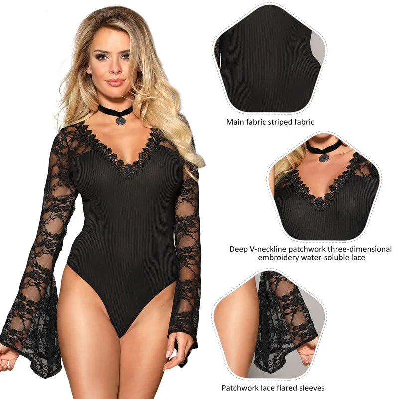 Bodysuits Women Top Fashion V Neck Lace Skinny Lingerie Leotard Black Mesh Salopette Teddy Femme Horn Sleeves Rompers Jumpsuits
