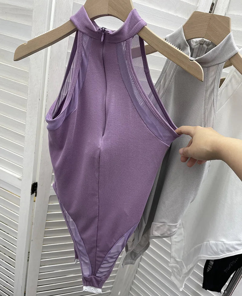 ISAROSE Summer Sexy Bodysuit for Women Stretch Braless Solid Color Back Zipper Sleeveless Basic Design Slim Halter Jumpsuit