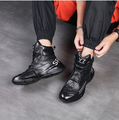 Genuine Leather Winter Boots For Men Crocodile Leather Casual Fleece Warm Shoes Motorcycle Punk Botas Male Loafer Hombre KK419