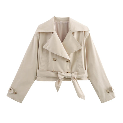 SLTNX 2026 New Women's British Wind Trench Coat Style Double-breasted Long Sleeve Belt Lapel Jacket Short Coat