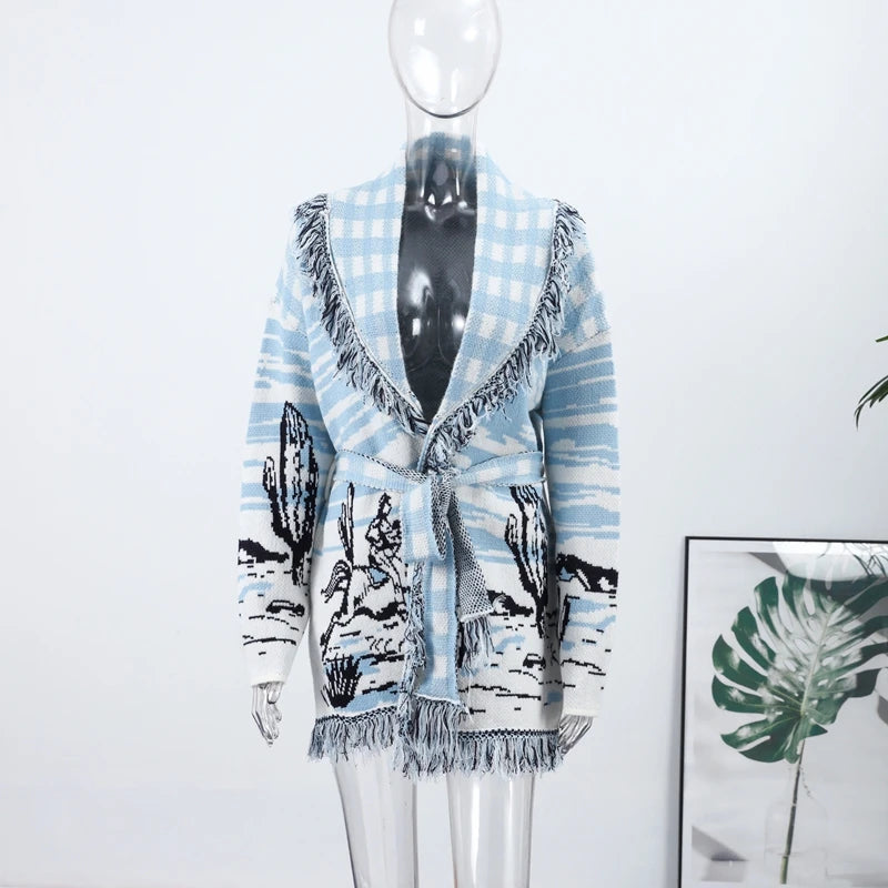 Casual Print Knit Cardigan Women V Neck Long Sleeves Tassels Belts Loose Sweater Female 2026 Autumn Winter Chic Warm Knitwears